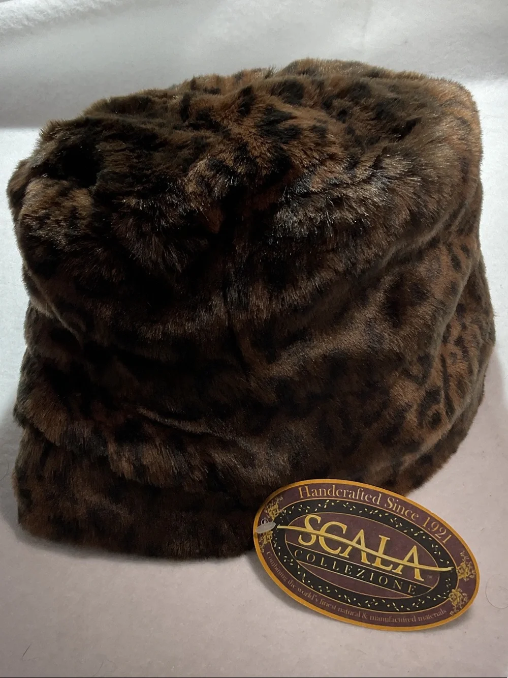Scala Faux Fur Leopard-Print Bucket Hat — Brown/Black